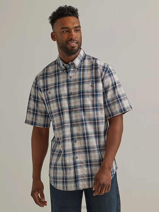 Rugged Wear Short Sleeve Easy Care Plaid Button-Down Shirt Men Wrangler RHXV343 Clothing Dark Navy (112325891)