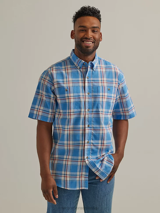 Rugged Wear Short Sleeve Easy Care Plaid Button-Down Shirt Men Wrangler RHXV344 Clothing Sea Blue (112325898)