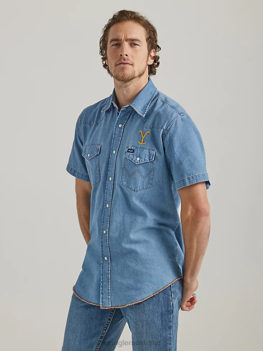 Short Sleeve Chambray Work Shirt Men Wrangler x Yellowstone RHXV505 Clothing Stonewash Indigo (112337485)