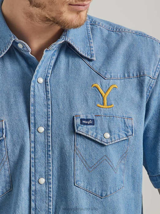 Short Sleeve Chambray Work Shirt Men Wrangler x Yellowstone RHXV505 Clothing Stonewash Indigo (112337485)