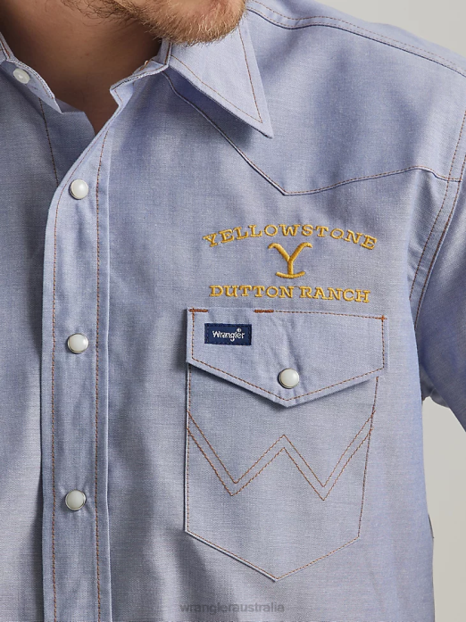 Short Sleeve Chambray Work Shirt Men Wrangler x Yellowstone RHXV506 Clothing Indigo Chambray (112337495)