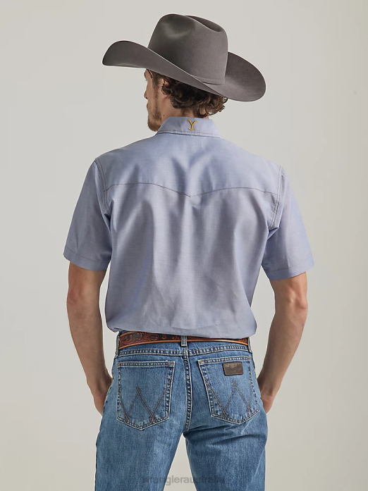 Short Sleeve Chambray Work Shirt Men Wrangler x Yellowstone RHXV506 Clothing Indigo Chambray (112337495)