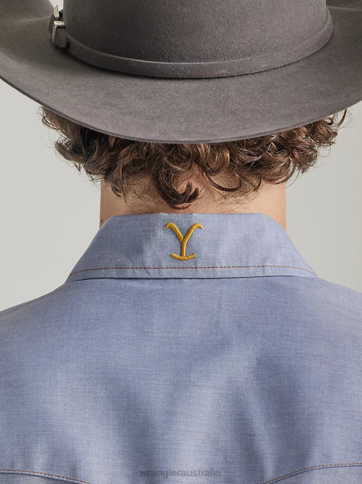 Short Sleeve Chambray Work Shirt Men Wrangler x Yellowstone RHXV506 Clothing Indigo Chambray (112337495)