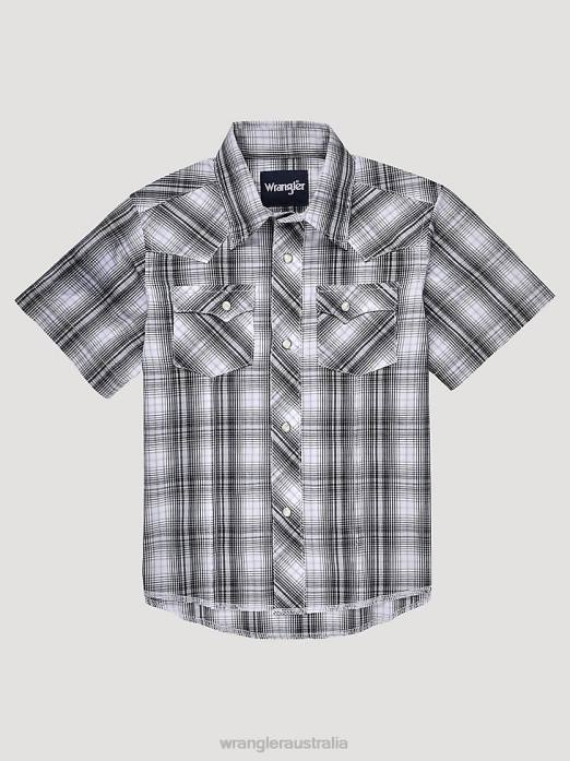 Short Sleeve Fashion Western Snap Plaid Shirt Boys Wrangler RHXV1005 Clothing Chess Grey (112326440)
