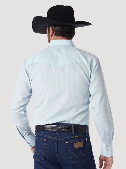 Western Long Sleeve Western Snap Dobby Stripe Shirt Men Wrangler RHXV466 Clothing Blue (75222BL)