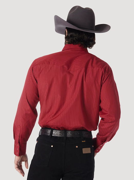 Western Long Sleeve Western Snap Dobby Stripe Shirt Men Wrangler RHXV468 Clothing Wine (75740WN)