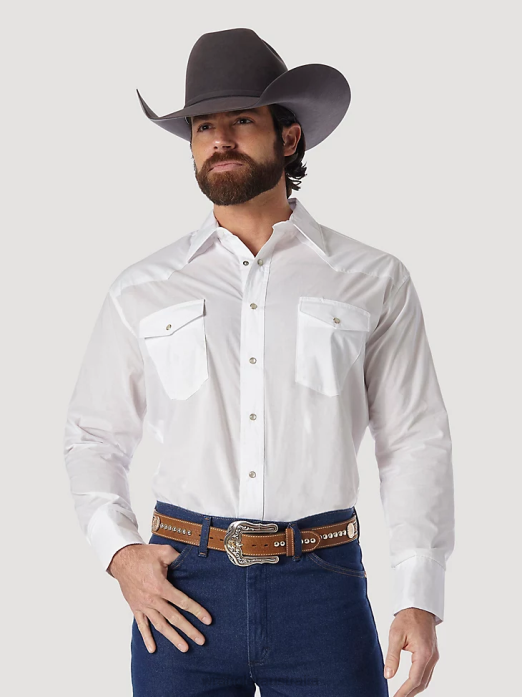 Western Snap Shirt - Long Sleeve Solid Broadcloth Men Wrangler RHXV449 Clothing White (71105WH)