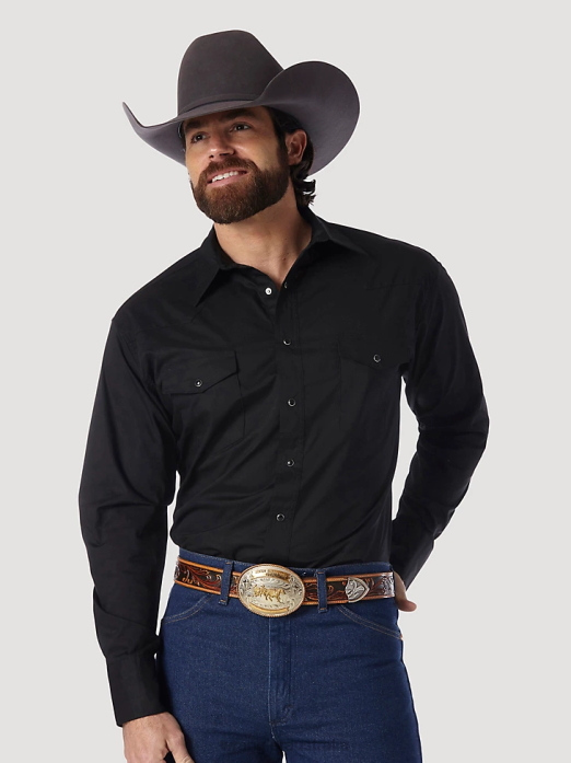 Western Snap Shirt - Long Sleeve Solid Broadcloth Men Wrangler RHXV450 Clothing Black (71105BK)