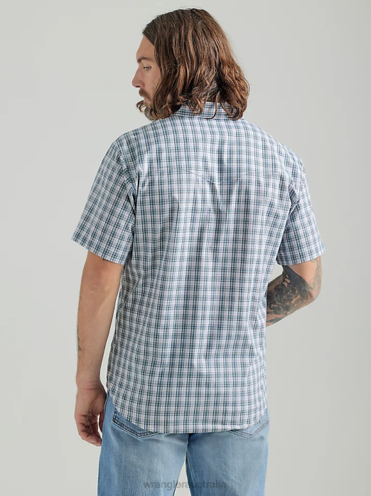 Wrinkle Resist Short Sleeve Western Snap Plaid Shirt Men Wrangler RHXV442 Clothing Gray Blue (112324663)
