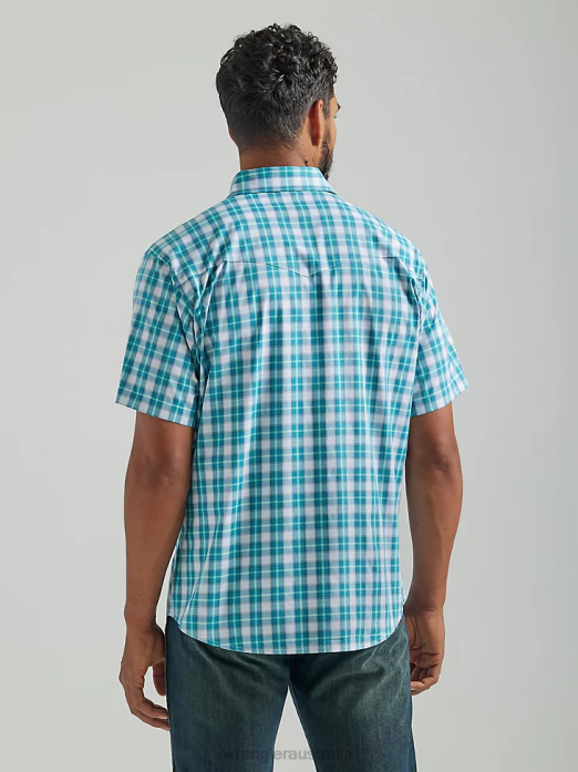 Wrinkle Resist Short Sleeve Western Snap Plaid Shirt Men Wrangler RHXV443 Clothing Teal (112324685)