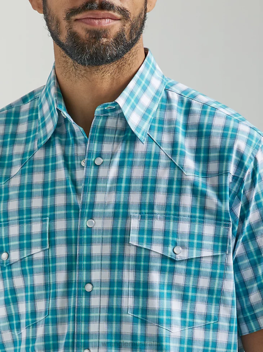 Wrinkle Resist Short Sleeve Western Snap Plaid Shirt Men Wrangler RHXV443 Clothing Teal (112324685)