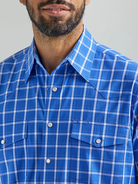 Wrinkle Resist Short Sleeve Western Snap Plaid Shirt Men Wrangler RHXV444 Clothing Royal Blue (112324664)