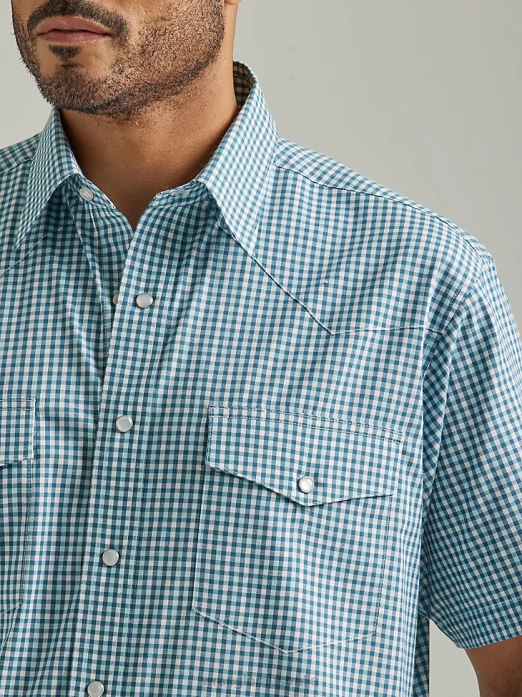 Wrinkle Resist Short Sleeve Western Snap Plaid Shirt Men Wrangler RHXV447 Clothing Mixed Greens (112326369)