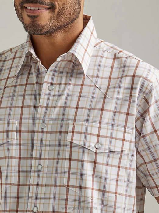 Wrinkle Resist Short Sleeve Western Snap Plaid Shirt Men Wrangler RHXV448 Clothing Dune Brown (112326365)