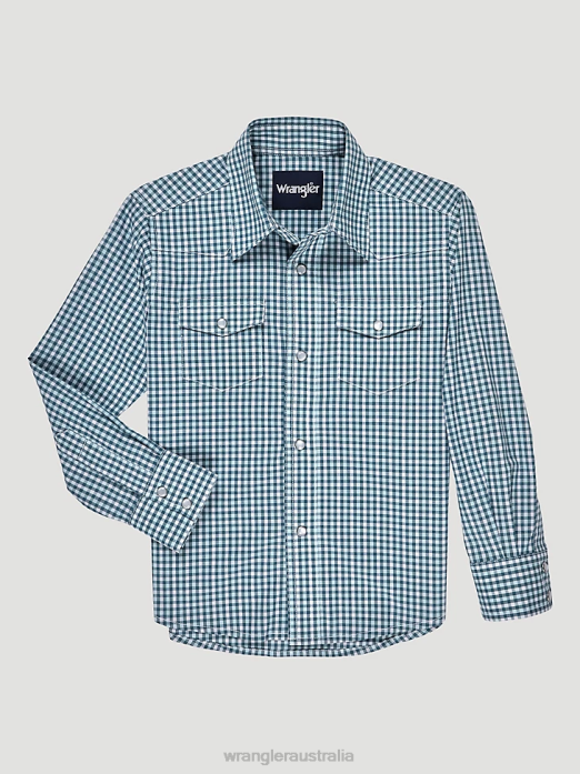 Long Sleeve Wrinkle Resist Western Snap Plaid Shirt Boys Wrangler RHXV967 Clothing Mixed Greens (112326355)