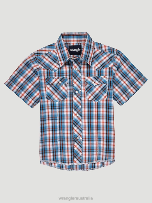 Short Sleeve Fashion Western Snap Plaid Shirt Boys Wrangler RHXV1004 Clothing Sunset Blue (112326439)