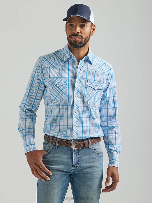 20X Competition Advanced Comfort Long Sleeve Two Pocket Western Snap Plaid Shirt Men Wrangler RHXV491 Clothing Baby Blue (112324829)