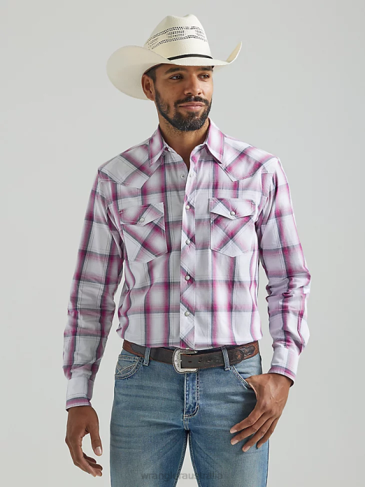 20X Competition Advanced Comfort Long Sleeve Two Pocket Western Snap Plaid Shirt Men Wrangler RHXV494 Clothing Big Pink (112324837)