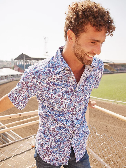 20X Competition Advanced Comfort Short Sleeve Western Snap Print Shirt Men Wrangler RHXV504 Clothing Watercolor Violet (112327810)