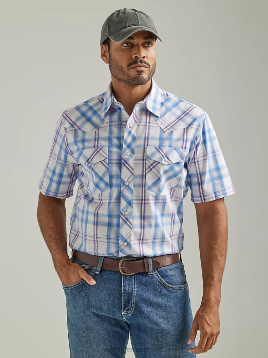 20X Competition Advanced Comfort Short Sleeve Western Snap Two Pocket Plaid Shirt Men Wrangler RHXV454 Clothing Iris Purple (112327811)