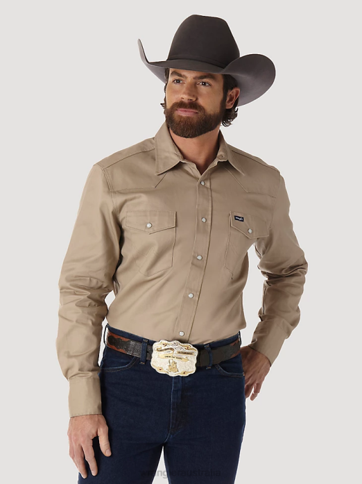 Cowboy Cut Firm Finish Long Sleeve Western Snap Solid Work Shirt Men Wrangler RHXV417 Clothing Khaki (MS70319)