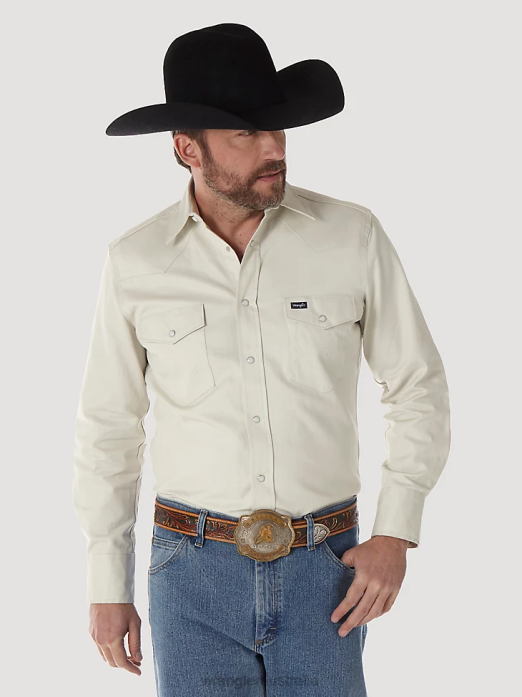 Cowboy Cut Firm Finish Long Sleeve Western Snap Solid Work Shirt Men Wrangler RHXV418 Clothing Stone (MS71319)