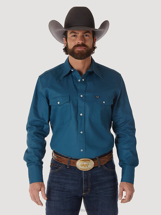 Cowboy Cut Firm Finish Long Sleeve Western Snap Solid Work Shirt Men Wrangler RHXV421 Clothing Dark Teal (MS71419)