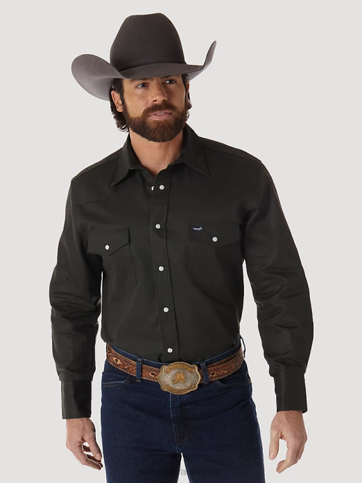 Cowboy Cut Firm Finish Long Sleeve Western Snap Solid Work Shirt Men Wrangler RHXV424 Clothing Black Forest Green (MS70519)