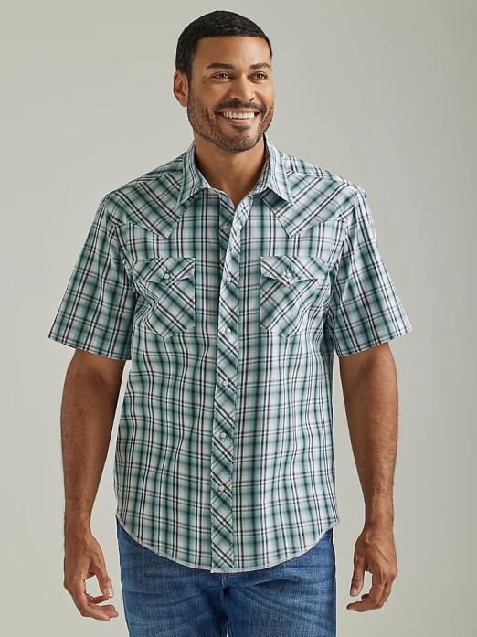 Fashion Snap Short Sleeve Western Snap Plaid Shirt Men Wrangler RHXV461 Clothing Sea Green (112326468)