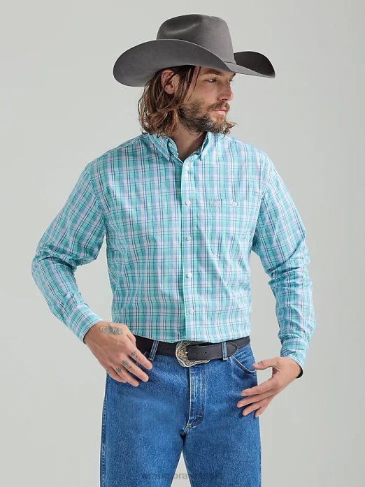 George Strait Long Sleeve Button Down One Pocket Plaid Shirt Men Wrangler RHXV315 Clothing Teal Floral (112324879)