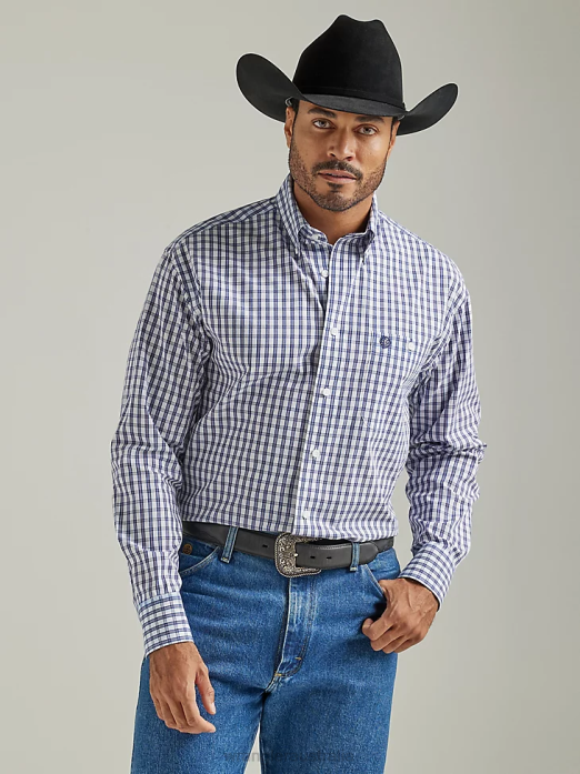 George Strait Long Sleeve Button Down One Pocket Plaid Shirt Men Wrangler RHXV320 Clothing Chunky Indigo (112327827)