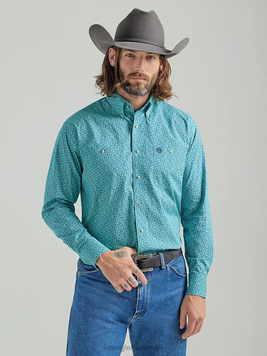 George Strait Long Sleeve Two Pocket Button Down Print Shirt Men Wrangler RHXV368 Clothing Teal Flowers (112324889)