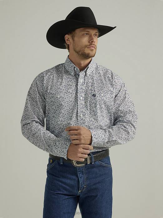 George Strait Long Sleeve Two Pocket Button Down Print Shirt Men Wrangler RHXV369 Clothing Indigo Scroll (112328238)