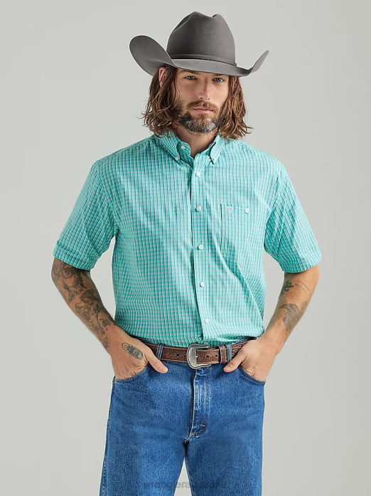 George Strait Short Sleeve 1 Pocket Button Down Plaid Shirt Men Wrangler RHXV307 Clothing Teal (112324874)