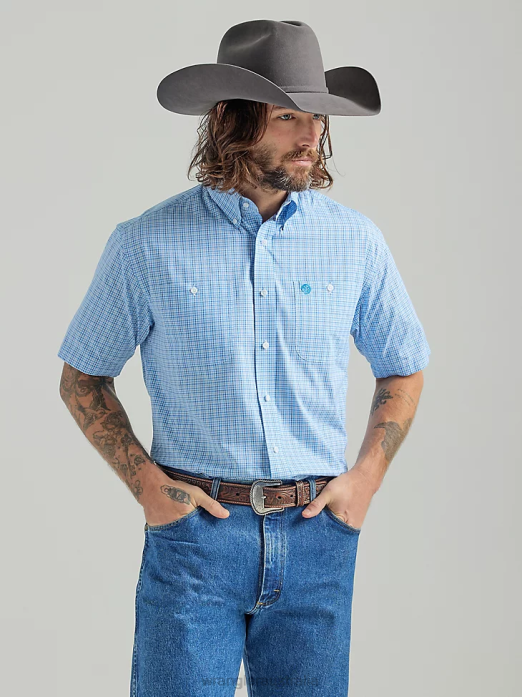 George Strait Short Sleeve 2 Pocket Button Down Plaid Shirt Men Wrangler RHXV333 Clothing Baby Blue (112324897)