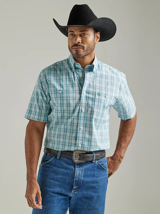 George Strait Short Sleeve 2 Pocket Button Down Plaid Shirt Men Wrangler RHXV335 Clothing True Aqua Plaid (112327822)