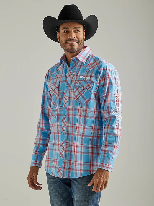Logo Long Sleeve Western Snap Plaid Shirt Men Wrangler RHXV498 Clothing Sunny Blue (112327776)