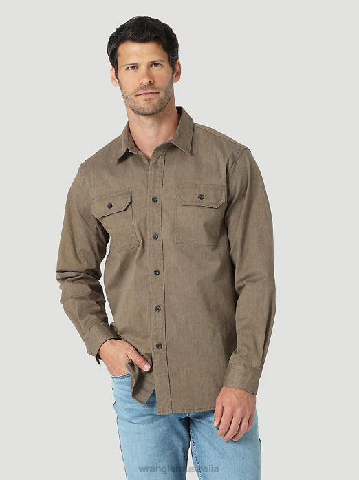 Long Sleeve Twill/Denim Shirt Men Wrangler RHXV376 Clothing Teak Heather (112324408)
