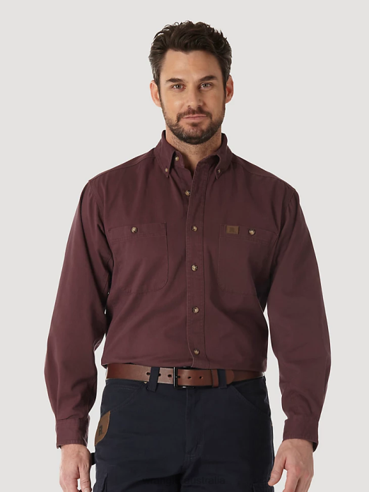 RIGGS Workwear Long Sleeve Button Down Solid Twill Work Shirt Men Wrangler RHXV352 Clothing Burgundy (3W501BG)