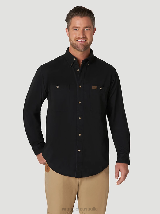 RIGGS Workwear Long Sleeve Button Down Solid Twill Work Shirt Men Wrangler RHXV353 Clothing Black (103W501BK)