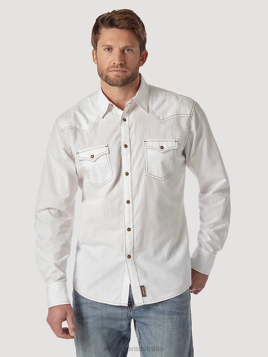 Retro Long Sleeve Western Snap Solid Dobby Shirt Men Wrangler RHXV470 Clothing White (MVR531W)