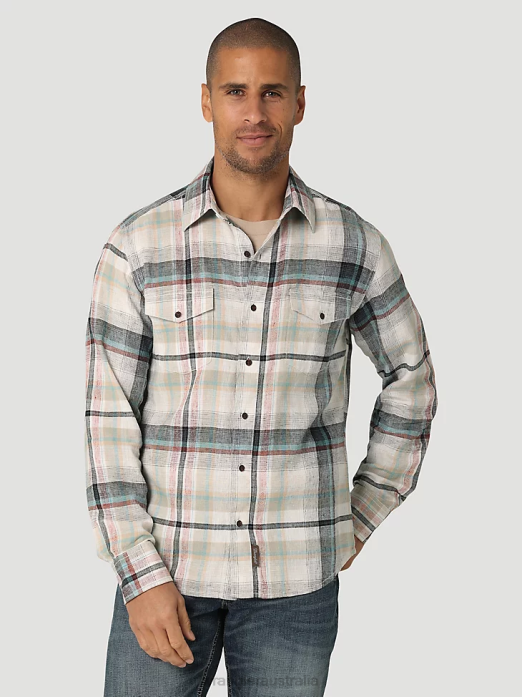Retro Premium Long Sleeve Button Down Plaid Shirt Men Wrangler RHXV336 Clothing Off White (112324853)