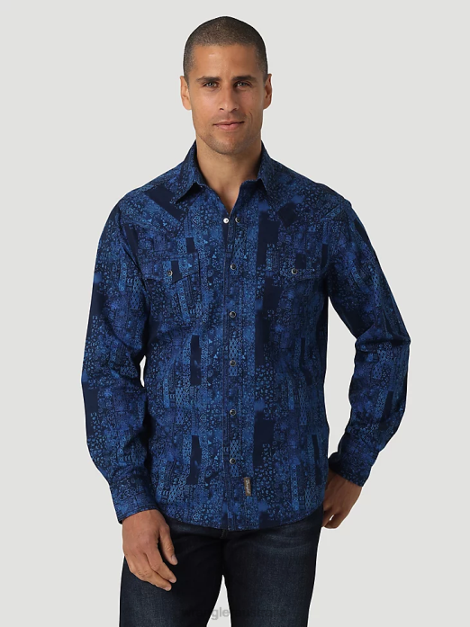 Retro Premium Long Sleeve Button-Down Print Shirt Men Wrangler RHXV427 Clothing Bandana Blue (112327791)