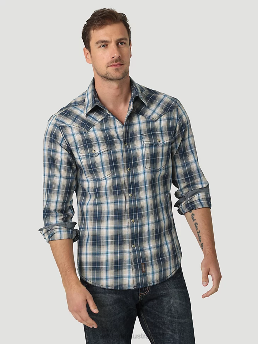 Retro Premium Long Sleeve Western Snap Plaid Shirt Men Wrangler RHXV480 Clothing Deep Indigo (112327793)