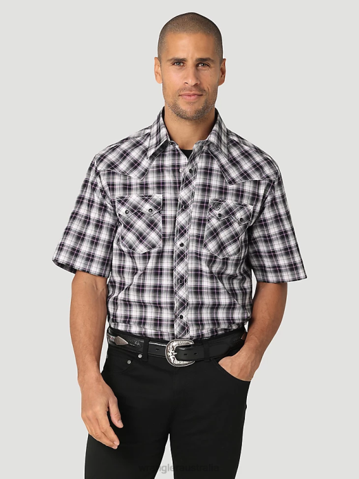 Retro Short Sleeve Western Snap with Sawtooth Flap Pocket Plaid Shirt Men Wrangler RHXV428 Clothing Black White (112324673)