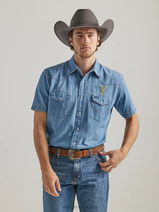 Short Sleeve Chambray Work Shirt Men Wrangler x Yellowstone RHXV505 Clothing Stonewash Indigo (112337485)