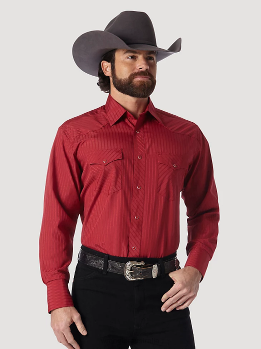Western Long Sleeve Western Snap Dobby Stripe Shirt Men Wrangler RHXV468 Clothing Wine (75740WN)