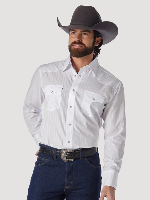 Western Long Sleeve Western Snap Dobby Stripe Shirt Men Wrangler RHXV469 Clothing White (75221WH)