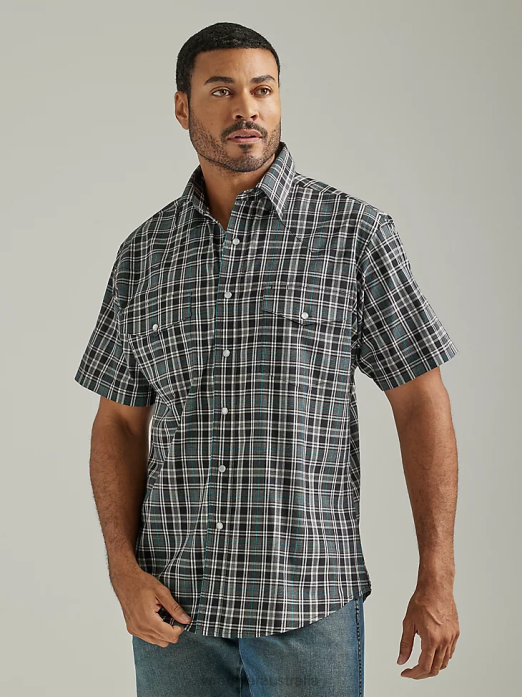 Wrinkle Resist Short Sleeve Western Snap Plaid Shirt Men Wrangler RHXV445 Clothing Black Knight (112326367)