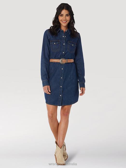 Long Sleeve Western Snap Denim Dress Women Wrangler RHXV853 Clothing Dark Denim (LWD709D)